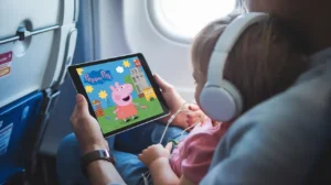 A relatable travel scene showcasing a parent and young child on a journey.