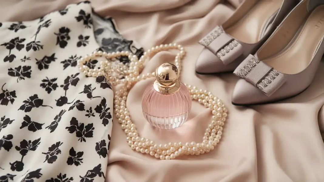 A stylish flat lay of timeless fashion items a little black dress, pearl necklace, designer perfume, and classic heels on a soft beige background, radiating subtle elegance and sophistication.