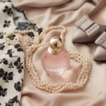 A stylish flat lay of timeless fashion items a little black dress, pearl necklace, designer perfume, and classic heels on a soft beige background, radiating subtle elegance and sophistication.