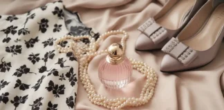 A stylish flat lay of timeless fashion items a little black dress, pearl necklace, designer perfume, and classic heels on a soft beige background, radiating subtle elegance and sophistication.