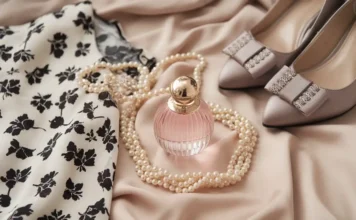 A stylish flat lay of timeless fashion items a little black dress, pearl necklace, designer perfume, and classic heels on a soft beige background, radiating subtle elegance and sophistication.