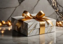 A beautifully wrapped gift box with a golden ribbon featuring Luxury Holiday Gifts Under $500