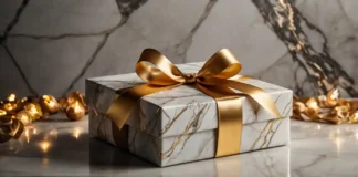 A beautifully wrapped gift box with a golden ribbon featuring Luxury Holiday Gifts Under $500