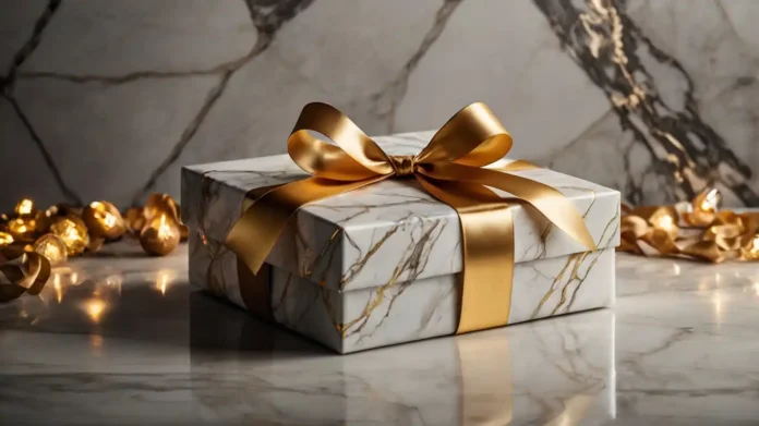 A beautifully wrapped gift box with a golden ribbon featuring Luxury Holiday Gifts Under $500