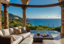 A breathtaking scenic view of a luxury private villa overlooking the ocean featuring tailor-made vacations
