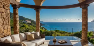 A breathtaking scenic view of a luxury private villa overlooking the ocean featuring tailor-made vacations