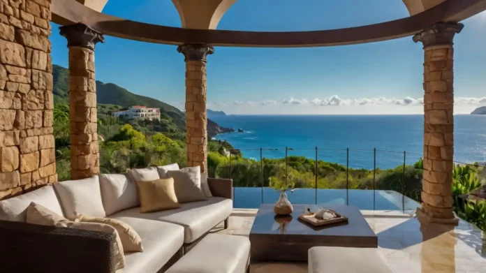 A breathtaking scenic view of a luxury private villa overlooking the ocean featuring tailor-made vacations