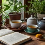 A calming scene with soft natural lighting, showing a cozy home setup featuring Natural Remedies for Ehlers-Danlos Syndrome