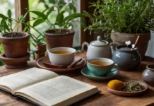 A calming scene with soft natural lighting, showing a cozy home setup featuring Natural Remedies for Ehlers-Danlos Syndrome