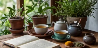 A calming scene with soft natural lighting, showing a cozy home setup featuring Natural Remedies for Ehlers-Danlos Syndrome
