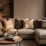 A cozy living room with a stylish small corner sofa in a neutral tone
