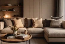 A cozy living room with a stylish small corner sofa in a neutral tone