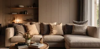 A cozy living room with a stylish small corner sofa in a neutral tone