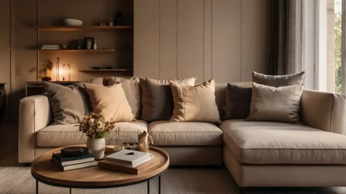 A cozy living room with a stylish small corner sofa in a neutral tone