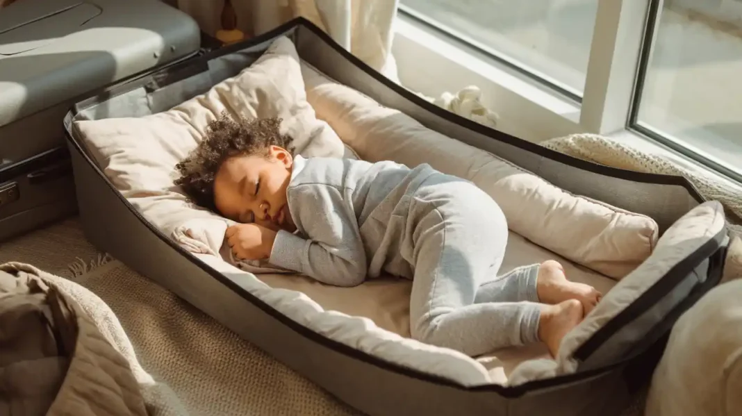 A cozy travel scene with a toddler peacefully sleeping on a comfortable Toddler Travel Beds