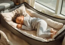 A cozy travel scene with a toddler peacefully sleeping on a comfortable Toddler Travel Beds