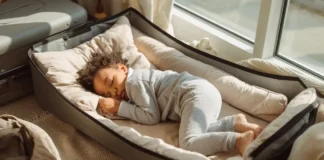 A cozy travel scene with a toddler peacefully sleeping on a comfortable Toddler Travel Beds