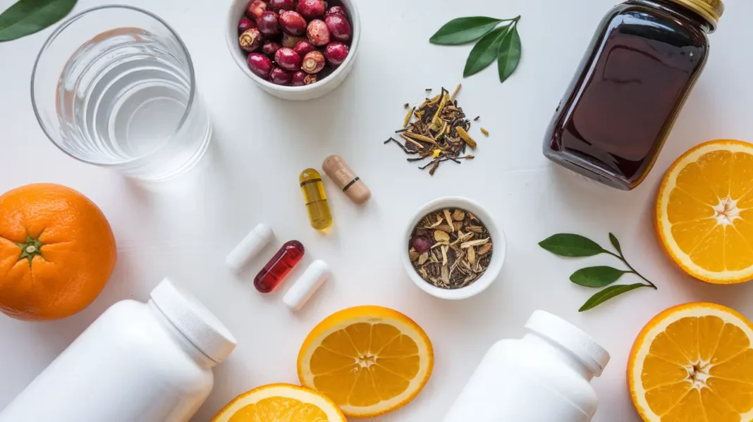 A flat-lay of natural remedies for UTI relief