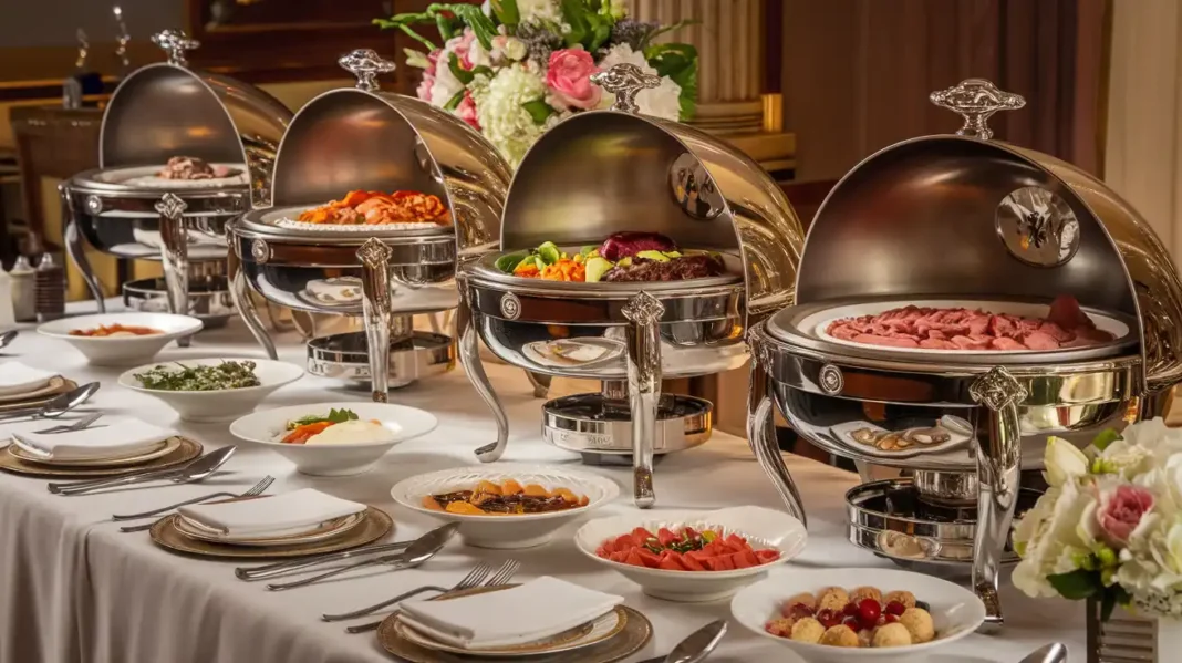 A luxurious buffet setup featuring polished stainless steel chafing dishes