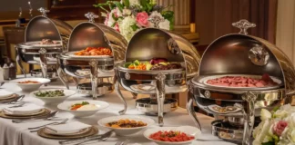 A luxurious buffet setup featuring polished stainless steel chafing dishes