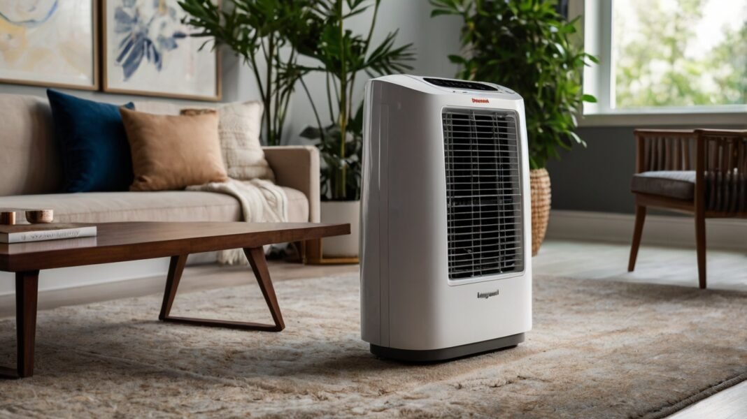 A modern Honeywell portable AC unit placed in a stylish living room A modern Honeywell portable AC unit placed in a stylish living room