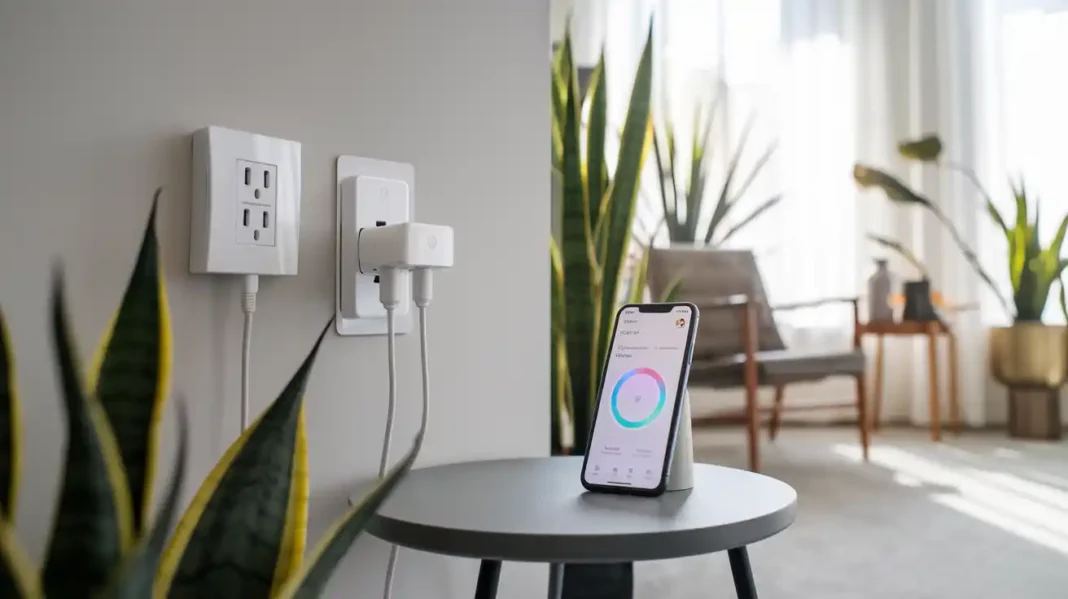 A modern Smart Home Power Kit featuring smart plugs, smart power strips, and a smartphone app interface.