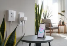 A modern Smart Home Power Kit featuring smart plugs, smart power strips, and a smartphone app interface.