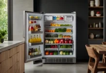 A modern and stylish compact Upstreman refrigerator in a sleek kitchen