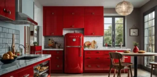 A modern kitchen with a Galanz retro fridge