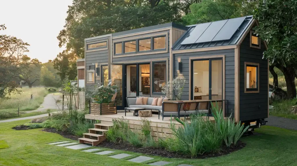A photo of a modern, 3-bedroom tiny homes surrounded by lush greenery
