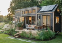 A photo of a modern, 3-bedroom tiny homes surrounded by lush greenery