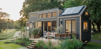 A photo of a modern, 3-bedroom tiny homes surrounded by lush greenery