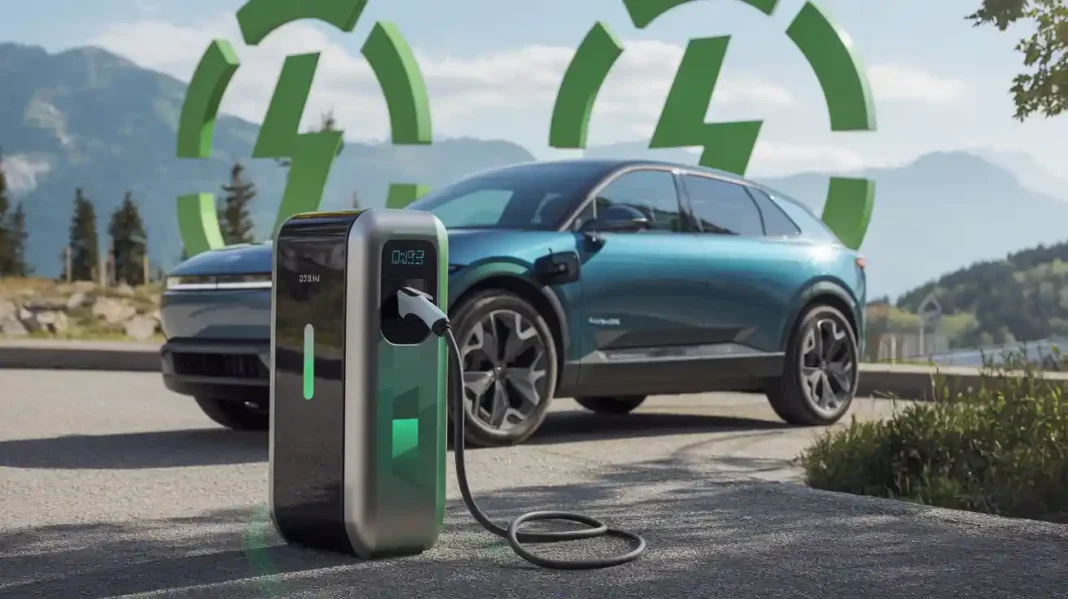 A photo of a sleek portable electric car charger connected to an electric vehicle