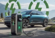 A photo of a sleek portable electric car charger connected to an electric vehicle