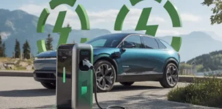 A photo of a sleek portable electric car charger connected to an electric vehicle