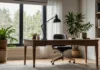 Minimalist Home Office Design: Boost Productivity Easily A serene Minimalist Home Office Design featuring a clean desk, ergonomic chair, and natural light streaming through a window, adorned with a few low-maintenance plants.