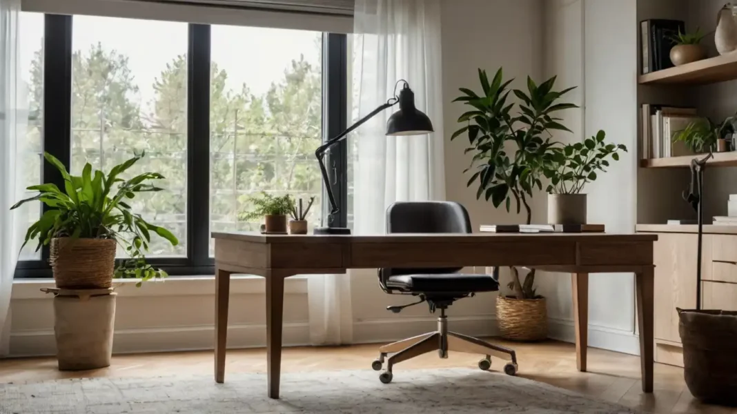 A serene Minimalist Home Office Design featuring a clean desk, ergonomic chair, and natural light streaming through a window, adorned with a few low-maintenance plants.