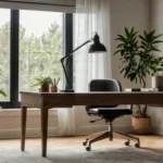 A serene Minimalist Home Office Design featuring a clean desk, ergonomic chair, and natural light streaming through a window, adorned with a few low-maintenance plants.