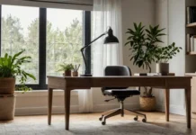 A serene Minimalist Home Office Design featuring a clean desk, ergonomic chair, and natural light streaming through a window, adorned with a few low-maintenance plants.