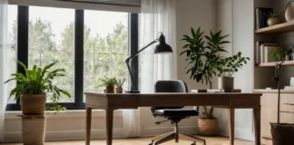 Minimalist Home Office Design: Boost Productivity Easily A serene Minimalist Home Office Design featuring a clean desk, ergonomic chair, and natural light streaming through a window, adorned with a few low-maintenance plants.