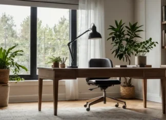 Minimalist Home Office Design: Boost Productivity Easily A serene Minimalist Home Office Design featuring a clean desk, ergonomic chair, and natural light streaming through a window, adorned with a few low-maintenance plants.