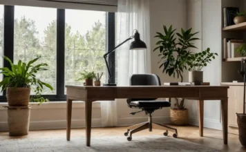 A serene Minimalist Home Office Design featuring a clean desk, ergonomic chair, and natural light streaming through a window, adorned with a few low-maintenance plants.