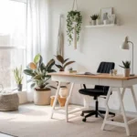 A serene and stylish minimalist modern home office featuring natural light, neutral colors, and ergonomic furniture.