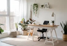 A serene and stylish minimalist modern home office featuring natural light, neutral colors, and ergonomic furniture.
