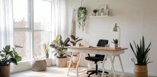 A serene and stylish minimalist modern home office featuring natural light, neutral colors, and ergonomic furniture.