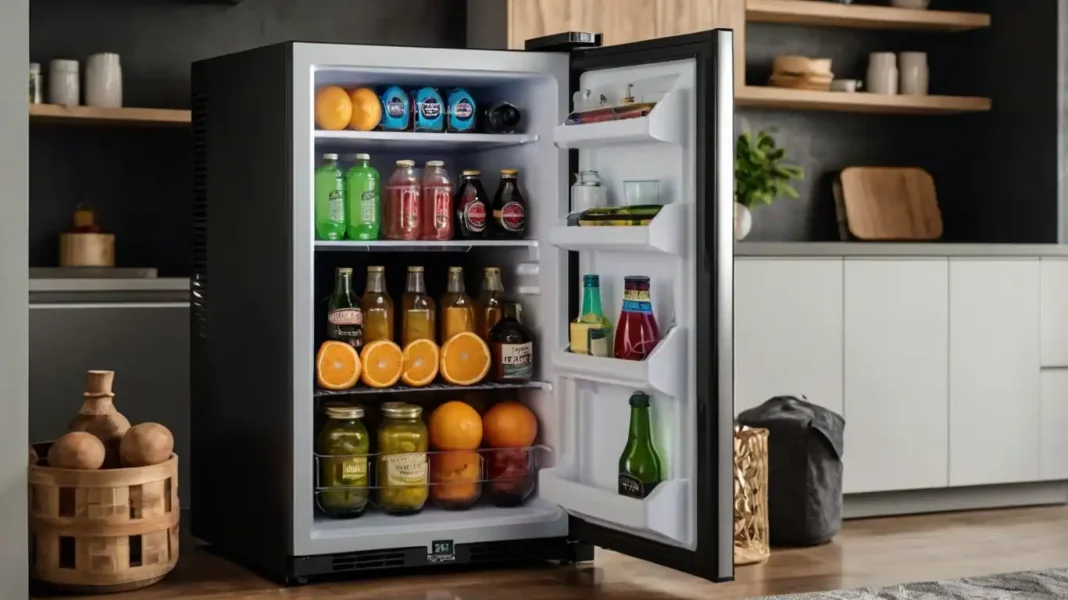 A sleek and modern Upstreman mini fridge with freezer placed in a stylish dorm room setup