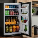 A sleek and modern Upstreman mini fridge with freezer placed in a stylish dorm room setup