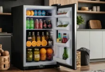 Upstreman Mini Fridge with Freezer: Compact & Efficient A sleek and modern Upstreman mini fridge with freezer placed in a stylish dorm room setup