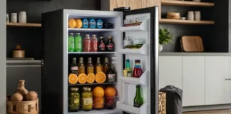 A sleek and modern Upstreman mini fridge with freezer placed in a stylish dorm room setup