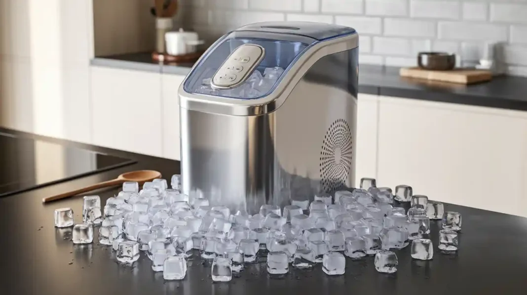 A sleek and modern countertop Upstreman Ice Maker in a stylish kitchen setting